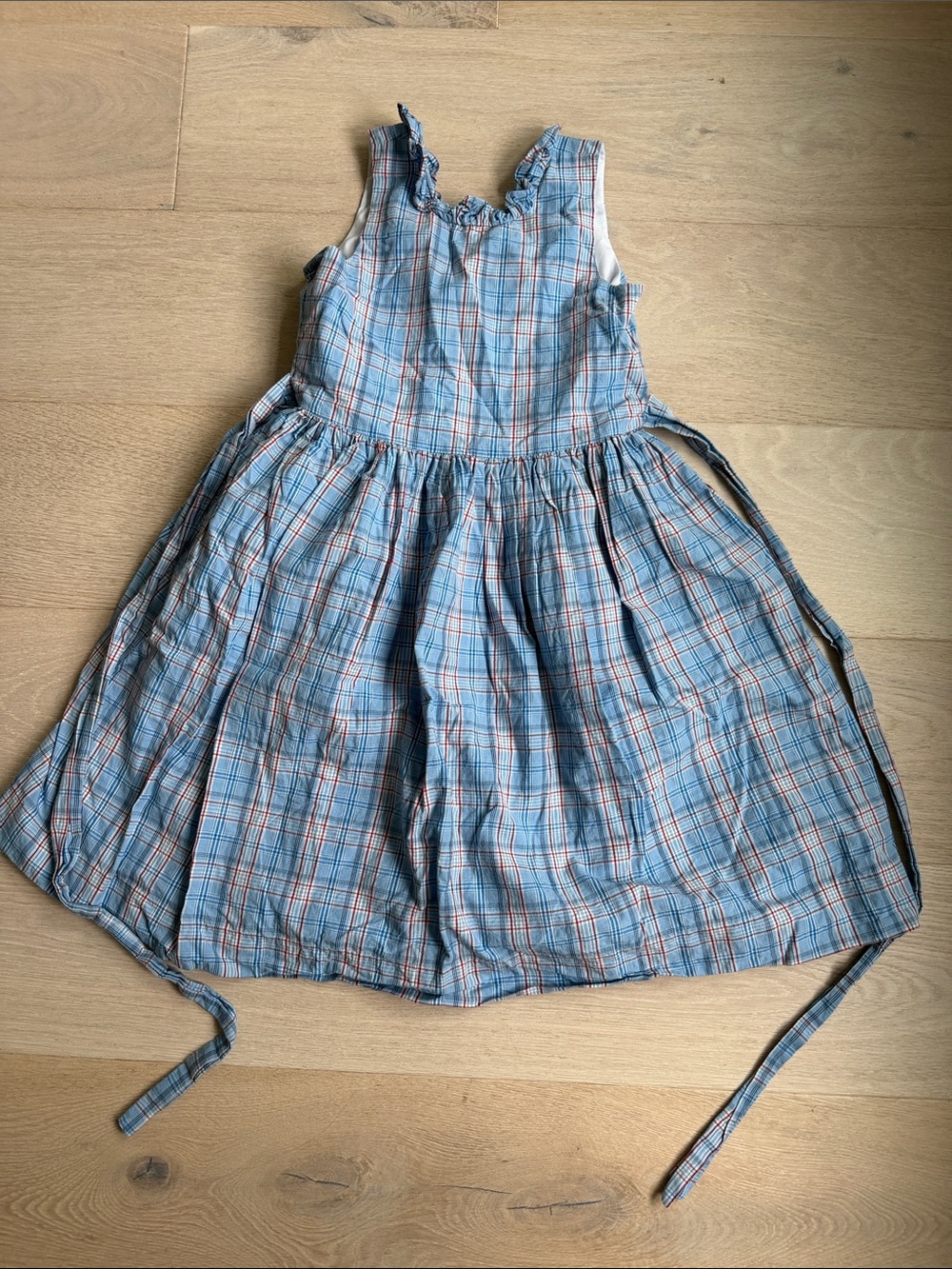 Papo d anjo girls Blue Plaid Sleeveless Tie-Back Sundress sz 10 lined ruffle